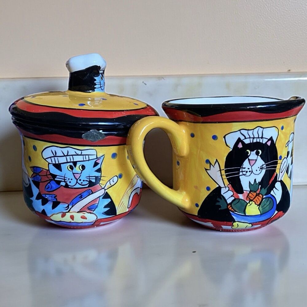 Catzilla by Candace Reiter 2002 Chef Cats Covered Sugar Bowl & Creamer Set VTG